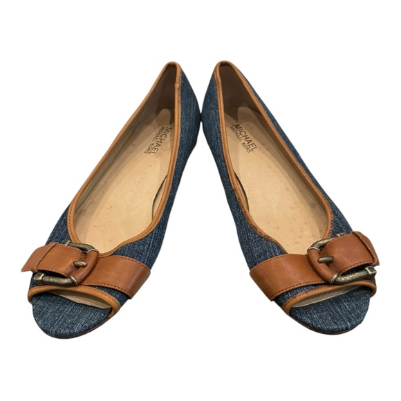 MICHAEL Michael Kors Blue Denim Tan Leather Open Toe Buckle Slip-on Flats 8 - Picture 4 of 6